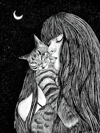 A finished black and white ink drawing showing the tender bond between a woman and her cat under the moonlight. I use fine pen work and stippling to create depth, texture, and a sense of calm intimacy in my illustrations.