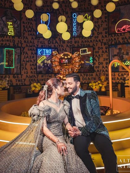 The happy couple, Riya and Ayush, in the heart of the universe we created for them. Their trust and enthusiasm for our eccentric ideas were the fuel behind this entire project, proving that the best results come from true creative collaboration.