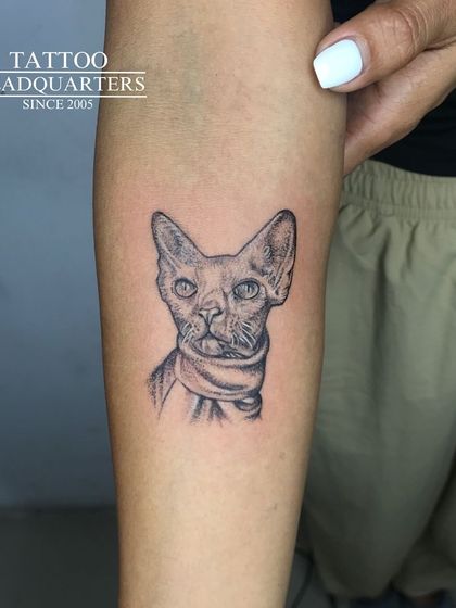 A portrait of a beloved Sphynx cat wearing a scarf, showcasing our ability to create detailed and personal pet tattoos.