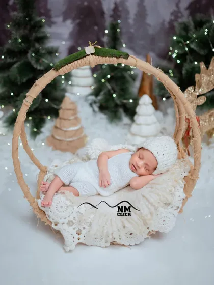Those first few weeks are so precious. For our newborn sessions, we create cozy, safe, and beautifully themed setups like this winter wonderland scene to capture your baby's peaceful sleep.