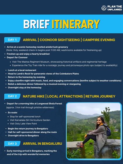 A detailed itinerary for our Ooty and Coonoor backpacking trip, including sightseeing and a nature hike.