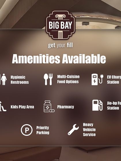 This icon-based graphic clearly lists the key amenities available, including hygienic restrooms, multi-cuisine food, EV charging, a kids' play area, and priority parking.