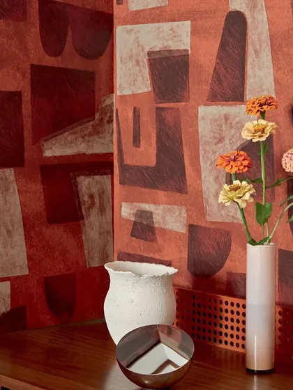 A closer look at the abstract design, highlighting the interplay of color and form. The terracotta and brown shapes create a composition that is both bold and harmonious, suitable for a sophisticated interior.
