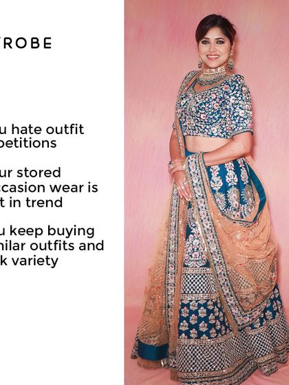 Don't have anything new to wear? Renting is your answer. This beautiful teal and gold bridal-weight lehenga can be yours for an evening.