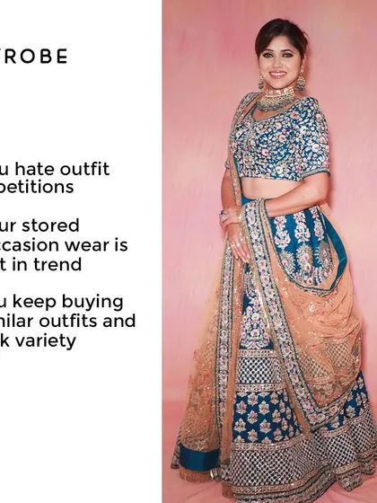 Don't have anything new to wear? Renting is your answer. This beautiful teal and gold bridal-weight lehenga can be yours for an evening.