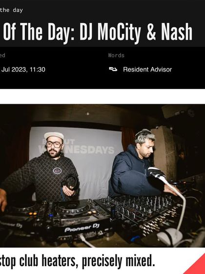 My B2B mix with DJ MoCity was featured as Mix of the Day on Resident Advisor, one of the most respected platforms in electronic music. A huge moment for us.