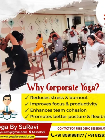 **Bringing wellness directly to the workplace.** This is from one of our corporate yoga sessions, where we guide teams through simple and effective chair yoga to relieve stress and improve posture right at their desks.