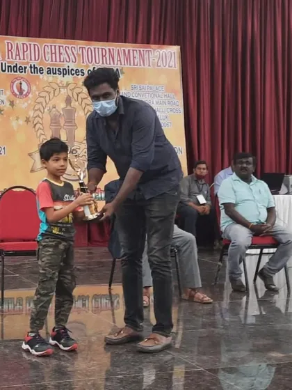 Celebrating another victory as my student, Aadhiran Thangarathan, receives the first-place trophy in the Under-7 category at the 41st BRDCA Rapid Chess Tournament. We focus on building strong foundations for our youngest players.