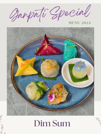 A platter showcasing our Ganpati Special Dim Sum menu. This image features a variety of our handcrafted dumplings, offering a burst of flavor for your celebrations.
