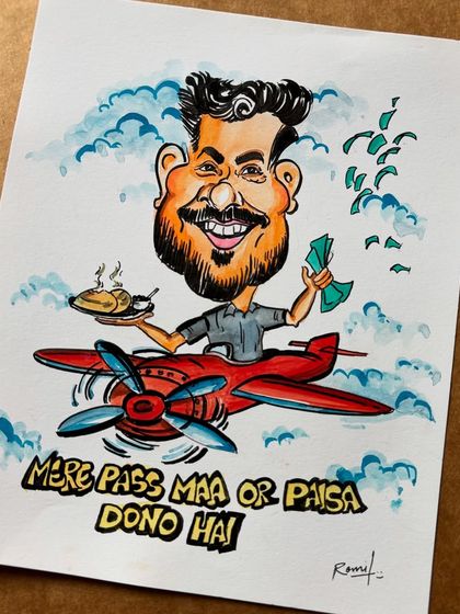 "Mere pass maa or paisa dono hai!" A fun take on a classic Bollywood dialogue for a client who's flying high in life. These personalized themes are what make caricatures so special.