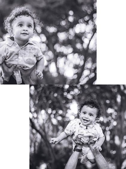 A dynamic black and white collage of a baby being lifted into the air, capturing his wonder and joy against a beautiful bokeh background.