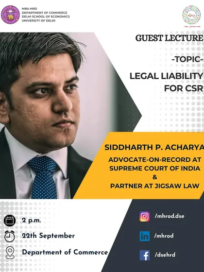 The official poster for my guest lecture at the Delhi School of Economics on the topic of 'Legal Liability for CSR'.