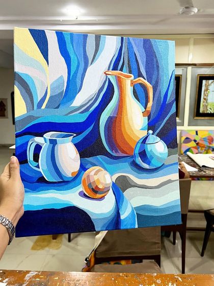 A stunning still life painting with a cool blue palette, created by a student exploring color theory and composition.