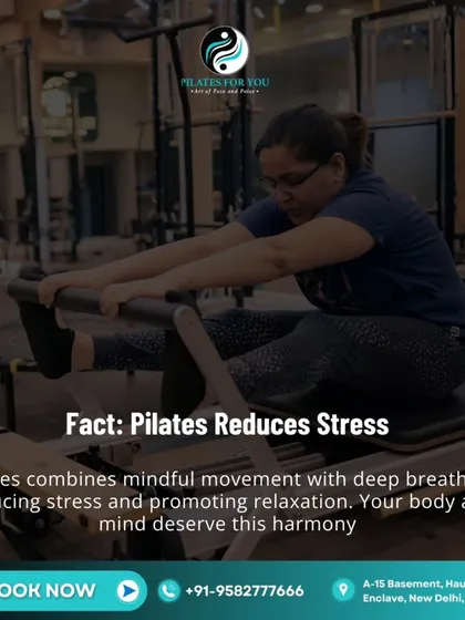 Pilates combines mindful movement with deep breathing to reduce stress. This forward fold on the reformer is a calming stretch that releases tension in the back and hamstrings.