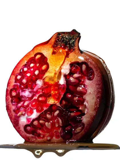 A close-up shot of a pomegranate half, glistening with a thick, honey-like liquid. This personal project was about capturing the intense color and texture of the fruit in a highly detailed, almost macro style.