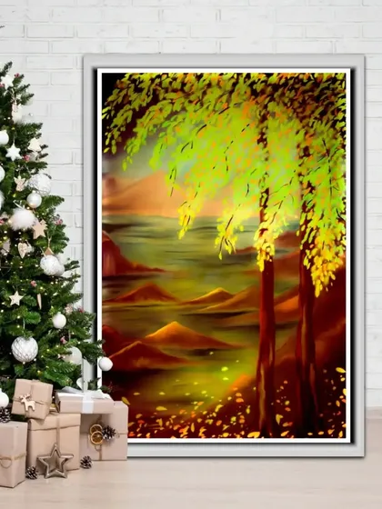 The warm-toned abstract landscape in a clean, white frame.