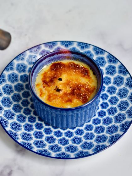 Our Lavender Crème Catalana, a Spanish-inspired dessert with a delicate floral note and a perfectly caramelized sugar crust. A highlight of our pop-up menu.