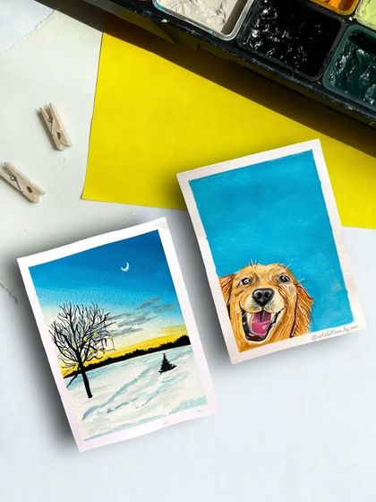 A cute dog portrait and a winter landscape, also part of the wonderful art created for our group collaboration.