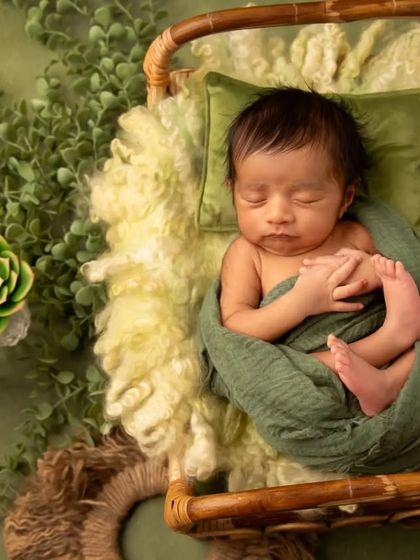 This setup uses a miniature bamboo-style cot and soft wool, creating a cozy nest for the baby. The surrounding succulents add a modern, botanical touch to the portrait.
