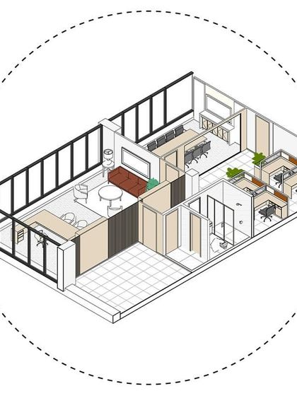 A detailed axonometric drawing of the MD's suite in 'The Office with A View'. This visualization clearly shows the layout of the private cabin, meeting room, and assistant's workstation.