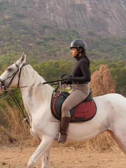 A rider confidently guides her white horse along a scenic trail with a stunning mountain backdrop, a typical view on our horse safari adventures.