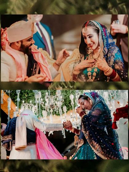 A collage of intimate wedding moments, showing the couple feeding each other sweets and sharing a laugh.