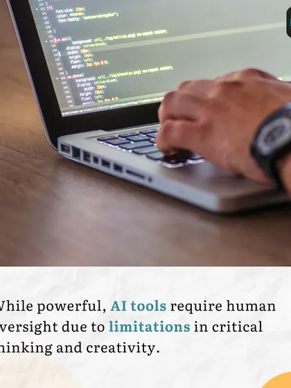 This graphic explains that even powerful AI tools require human oversight due to their limitations. Human programmers are essential for guiding, refining, and ensuring the quality of AI-generated code.
