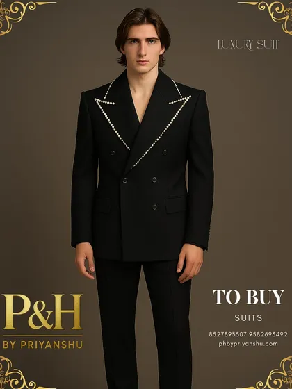 A full-length view of the black suit with pearl-embroidered lapels, showcasing its sharp tailoring and commanding presence. The design is both classic and daring.