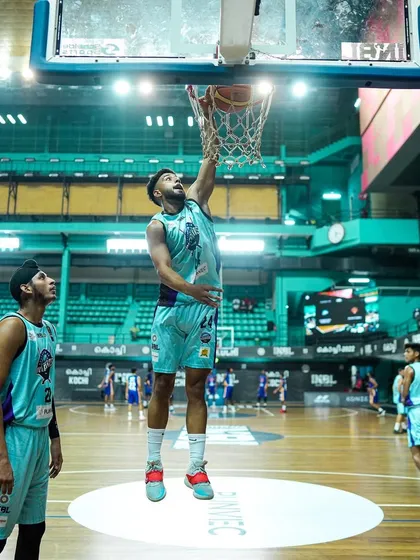 A player dunks during an INBL 5x5 basketball game. We are proud to provide the platform for these incredible athletic displays.