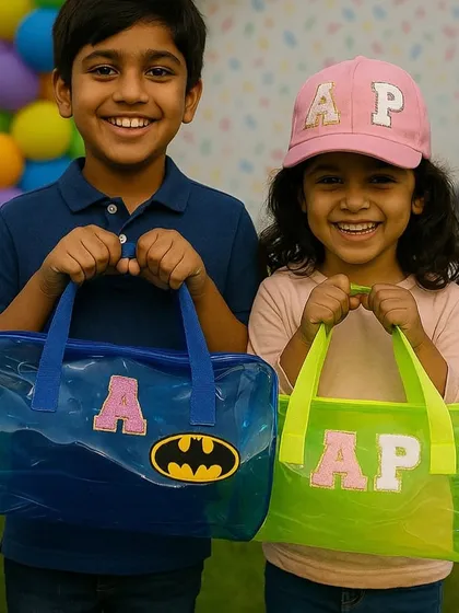 Two happy siblings showcasing their personalized party favors. The brother holds a blue jelly duffle bag with a Batman patch, while his sister shows off her neon green tote and matching pink cap.