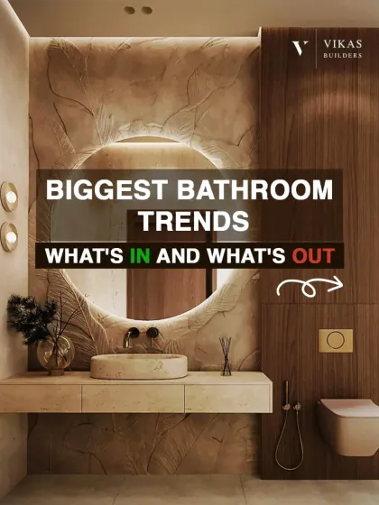 This graphic summarizes the biggest bathroom trends, showing what's 'in' and what's 'out'. It's a quick guide to help clients make modern and stylish choices for their homes.