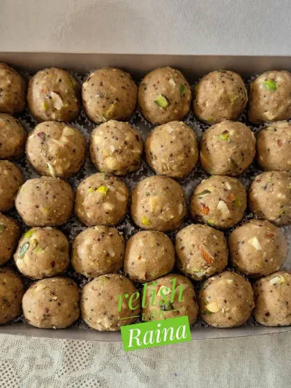 A full box of Sattu Makhana Laddoos, a healthy option that can be enjoyed by the entire family throughout the year.