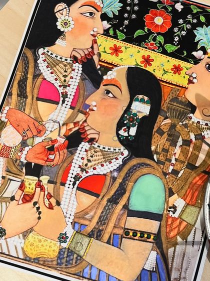 A detail of the digital artwork before framing. This shows the intricate line work and vibrant colors of the recreated Rajput miniature painting, a style known for its intimate and detailed scenes.