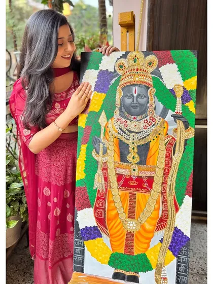 Here I am with my finished Ram Lalla painting, a large 3.5 by 2 feet canvas. Creating this piece was a meditative journey, and I'm so happy with how the vibrant colors and intricate details came together to honor his divine presence in Ayodhya.