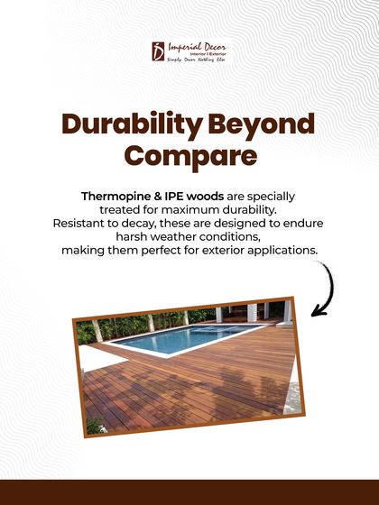 For durability that is beyond compare, I recommend Thermopine and IPE woods. As you can see on this poolside deck, these woods are treated to resist decay and endure harsh weather, making them perfect for any exterior application.