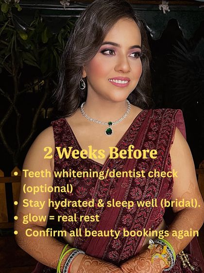 With two weeks to go, consider optional treatments like teeth whitening, but prioritize rest and hydration for a natural bridal glow. Double-check and confirm all your beauty bookings.