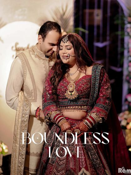 An intimate portrait titled "Boundless Love," capturing the couple in a close embrace, their expressions full of affection.