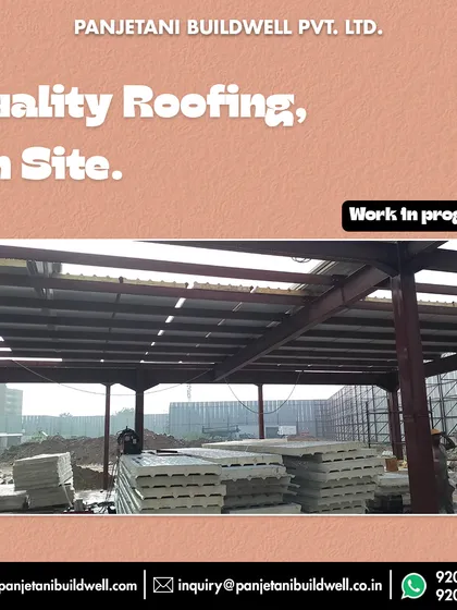 Quality roofing, delivered and installed on site. Here, you can see the PUF panels neatly stacked and the initial layers of the roof already being fitted onto the structure at the Gurgaon project.