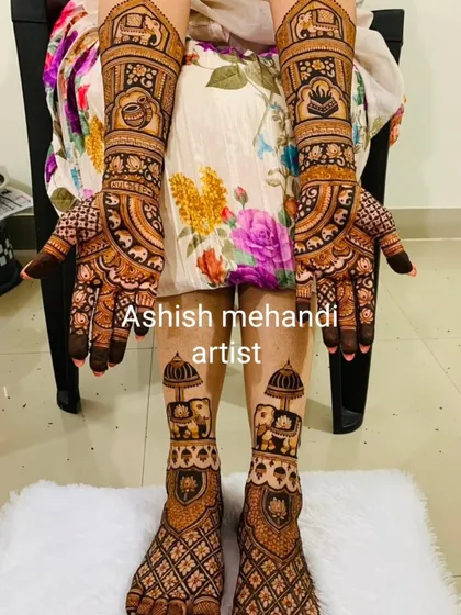 A complete bridal look, showing coordinated designs on both hands and feet for a stunning effect.