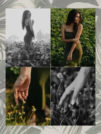 A collage focusing on beautiful details and solo portraits during an outdoor session. It highlights the bride-to-be's elegance and the gentle, natural surroundings, showing my attention to every element of the story.