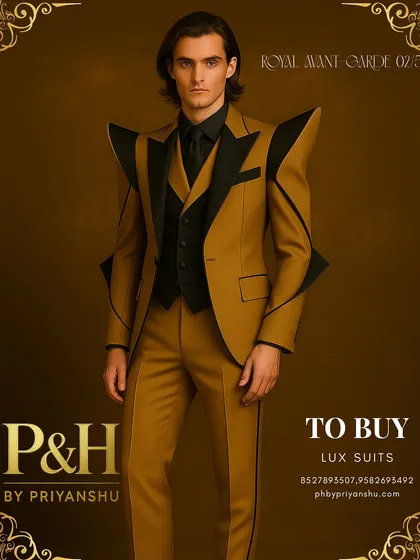 A bold fusion of gold and black defines this avant-garde men's suit. The sharp, architectural lines and shark-fin shoulders are accentuated by the striking color contrast, presenting a look of unapologetic confidence and high-fashion artistry.