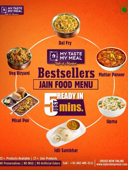 I am proud to offer a wide variety of Jain food options, with over 17 dishes available. This menu shows some of our bestsellers like Jain Dal Fry, Veg Biryani, and Mattar Paneer, all made without onion or garlic and ready in minutes.