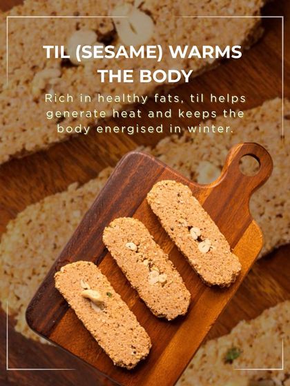 Til (sesame) warms the body. This image explains the traditional wisdom behind eating sesame in winter, as it's rich in healthy fats that help generate heat.