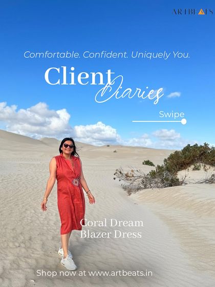 Client diaries featuring the Coral Dream Blazer Dress. This piece, worn in the Australian dunes, shows how my wearable art is designed to move with you on your adventures.