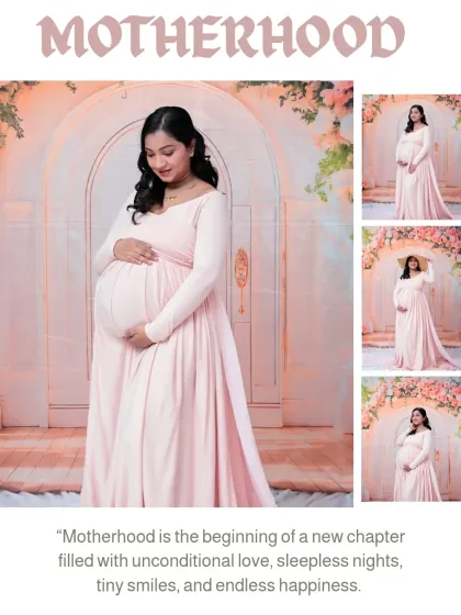 This collage showcases a series of beautiful solo portraits of the mom-to-be in a flowing pink gown. It provides a wonderful overview of the different poses we can achieve in front of our floral arch backdrop.