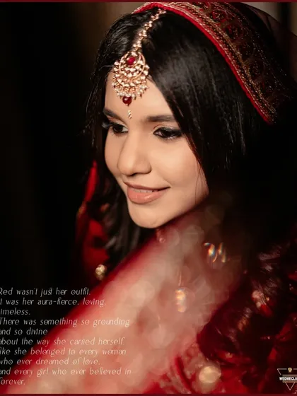 A poetic portrait of the bride, with text overlay describing the timeless and divine aura she carries.