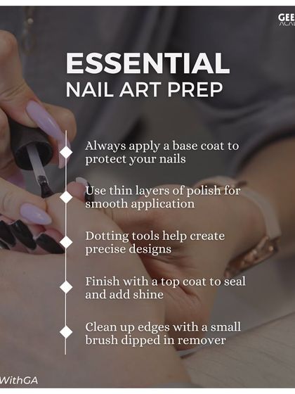 Perfect nail art starts with perfect prep. We teach the essential steps, from applying a protective base coat to using the right tools for precise designs and finishing with a sealant top coat.