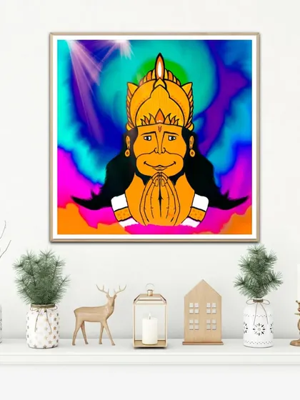 Another display option for the digital Hanuman painting, featuring light rays that add a sense of divine presence to the artwork.