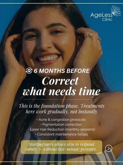 This is the foundation phase of our bridal journey, starting 6 months before the wedding. We focus on treatments that need time to show results, like acne protocols, pigmentation correction, and laser hair reduction, allowing your skin to respond calmly and effectively.