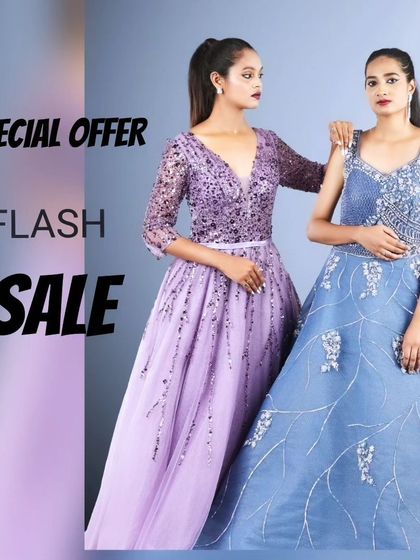 An image from our flash sale campaign, featuring two stunning gowns in lavender and blue with intricate silver embroidery.